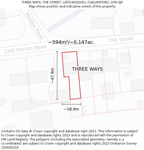 THREE WAYS, THE STREET, LATCHINGDON, CHELMSFORD, CM3 6JP: Plot and title map