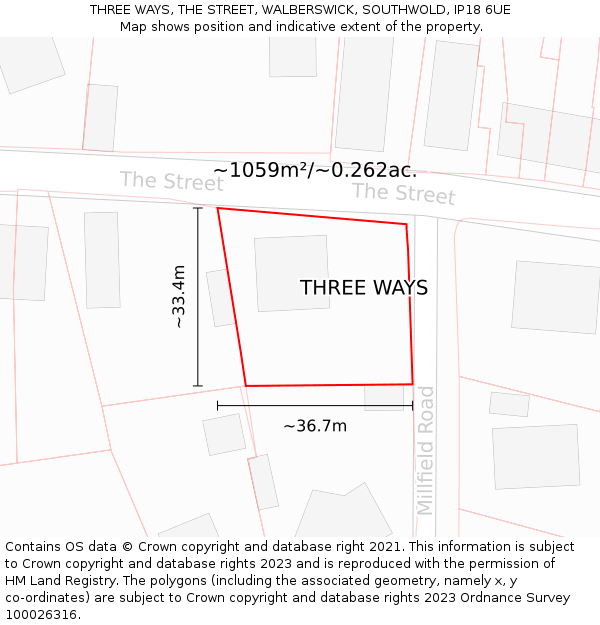THREE WAYS, THE STREET, WALBERSWICK, SOUTHWOLD, IP18 6UE: Plot and title map