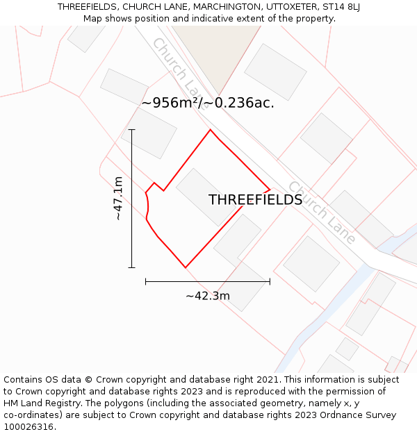 THREEFIELDS, CHURCH LANE, MARCHINGTON, UTTOXETER, ST14 8LJ: Plot and title map