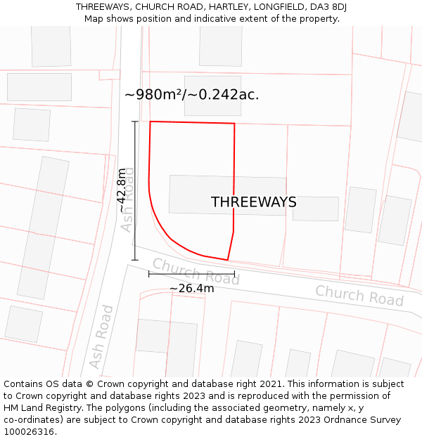 THREEWAYS, CHURCH ROAD, HARTLEY, LONGFIELD, DA3 8DJ: Plot and title map