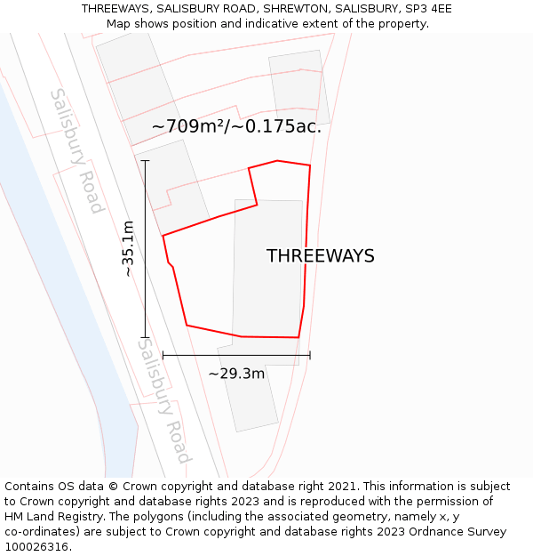 THREEWAYS, SALISBURY ROAD, SHREWTON, SALISBURY, SP3 4EE: Plot and title map