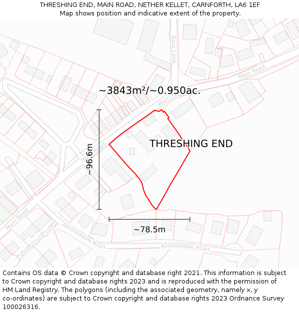 THRESHING END, MAIN ROAD, NETHER KELLET, CARNFORTH, LA6 1EF: Plot and title map