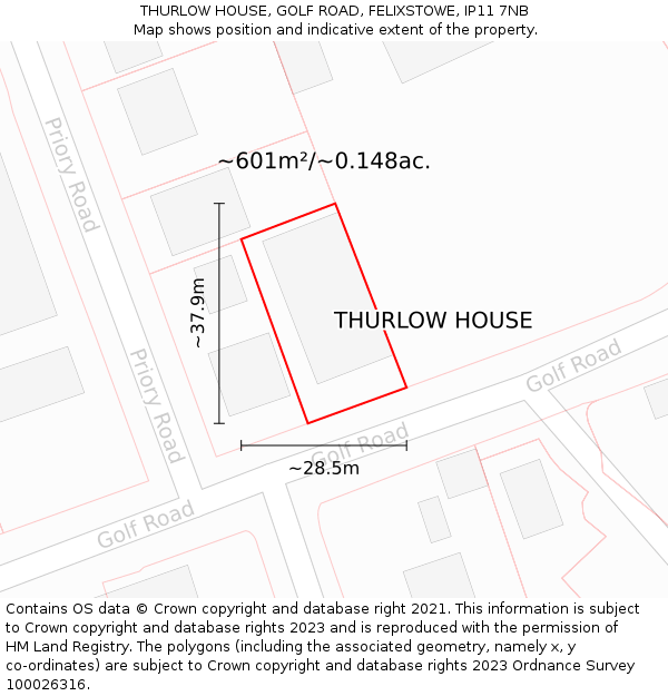 THURLOW HOUSE, GOLF ROAD, FELIXSTOWE, IP11 7NB: Plot and title map