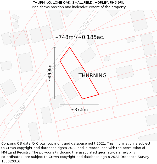 THURNING, LONE OAK, SMALLFIELD, HORLEY, RH6 9RU: Plot and title map