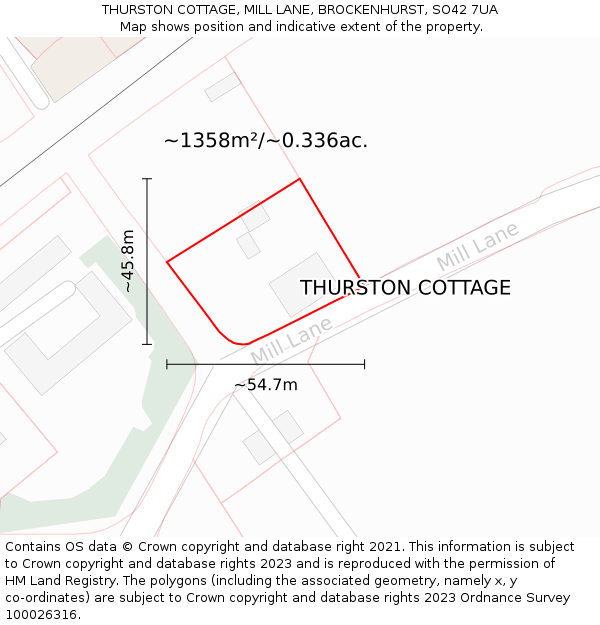 THURSTON COTTAGE, MILL LANE, BROCKENHURST, SO42 7UA: Plot and title map