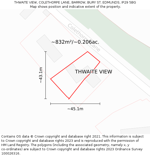 THWAITE VIEW, COLETHORPE LANE, BARROW, BURY ST. EDMUNDS, IP29 5BG: Plot and title map