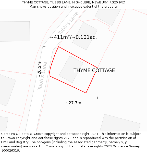 THYME COTTAGE, TUBBS LANE, HIGHCLERE, NEWBURY, RG20 9RD: Plot and title map
