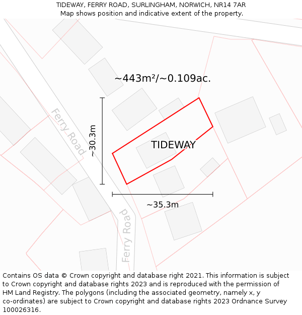 TIDEWAY, FERRY ROAD, SURLINGHAM, NORWICH, NR14 7AR: Plot and title map