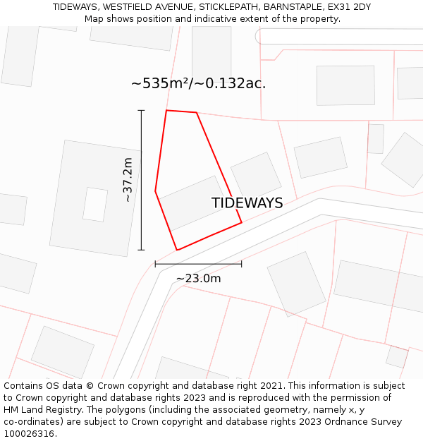 TIDEWAYS, WESTFIELD AVENUE, STICKLEPATH, BARNSTAPLE, EX31 2DY: Plot and title map