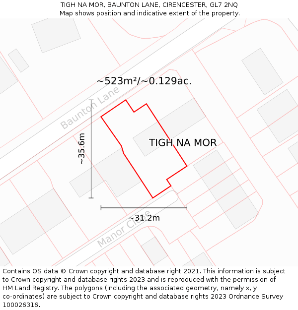 TIGH NA MOR, BAUNTON LANE, CIRENCESTER, GL7 2NQ: Plot and title map