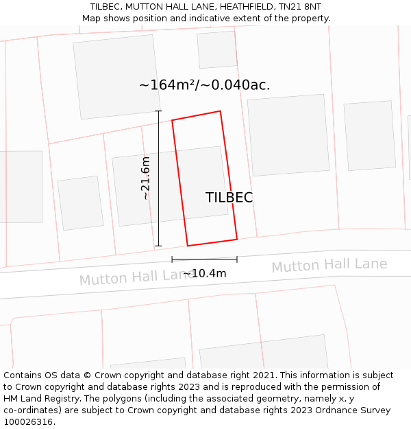 TILBEC, MUTTON HALL LANE, HEATHFIELD, TN21 8NT: Plot and title map