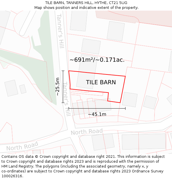 TILE BARN, TANNERS HILL, HYTHE, CT21 5UG: Plot and title map