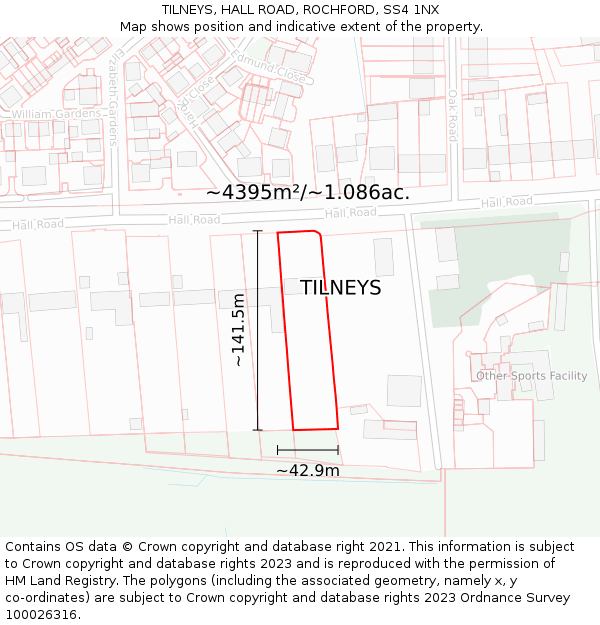 TILNEYS, HALL ROAD, ROCHFORD, SS4 1NX: Plot and title map