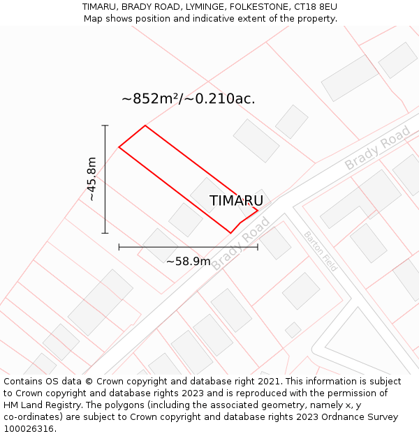 TIMARU, BRADY ROAD, LYMINGE, FOLKESTONE, CT18 8EU: Plot and title map