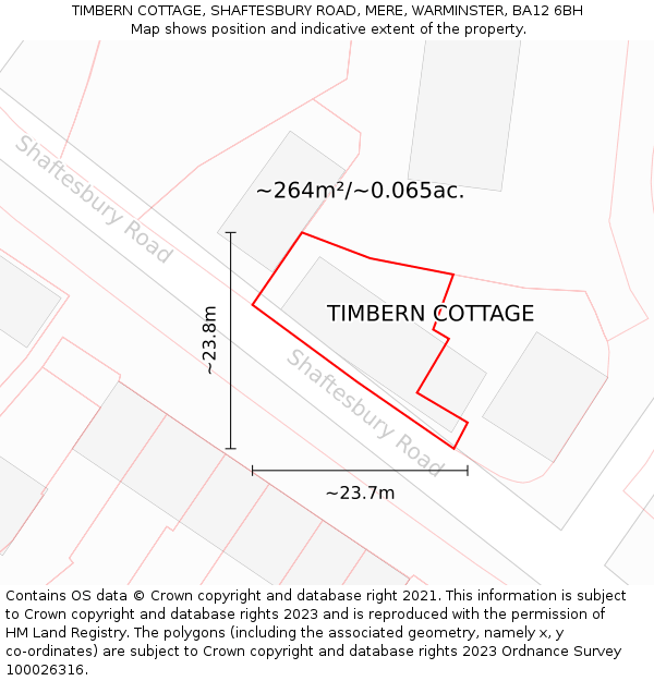 TIMBERN COTTAGE, SHAFTESBURY ROAD, MERE, WARMINSTER, BA12 6BH: Plot and title map