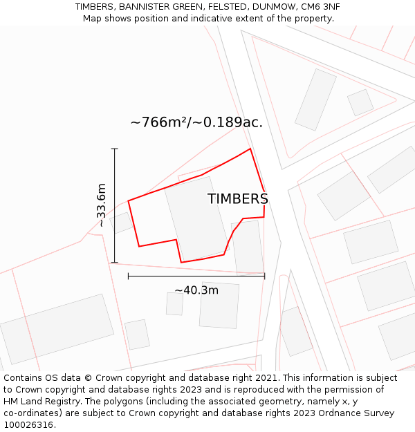 TIMBERS, BANNISTER GREEN, FELSTED, DUNMOW, CM6 3NF: Plot and title map