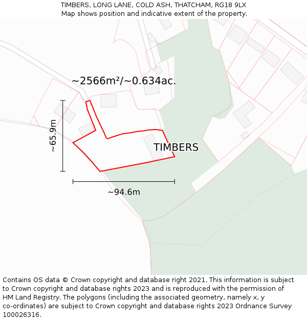 TIMBERS, LONG LANE, COLD ASH, THATCHAM, RG18 9LX: Plot and title map