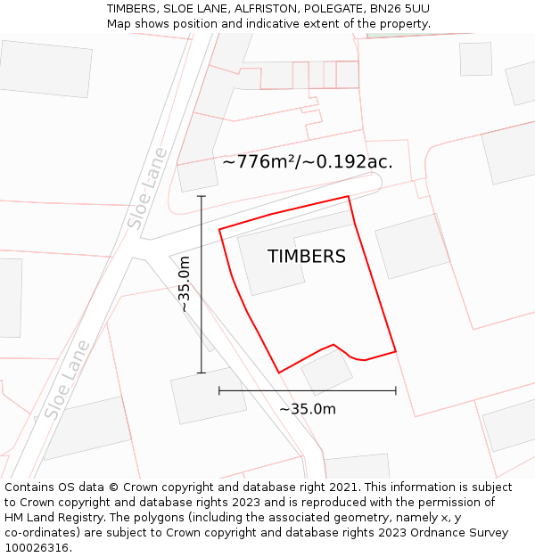 TIMBERS, SLOE LANE, ALFRISTON, POLEGATE, BN26 5UU: Plot and title map