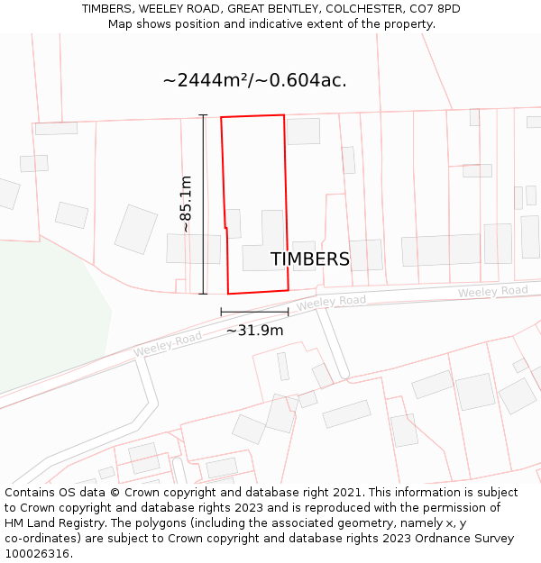TIMBERS, WEELEY ROAD, GREAT BENTLEY, COLCHESTER, CO7 8PD: Plot and title map