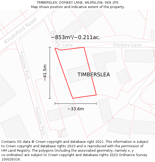 TIMBERSLEA, DONKEY LANE, WILMSLOW, SK9 1PX: Plot and title map