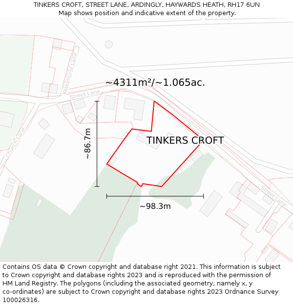TINKERS CROFT, STREET LANE, ARDINGLY, HAYWARDS HEATH, RH17 6UN: Plot and title map