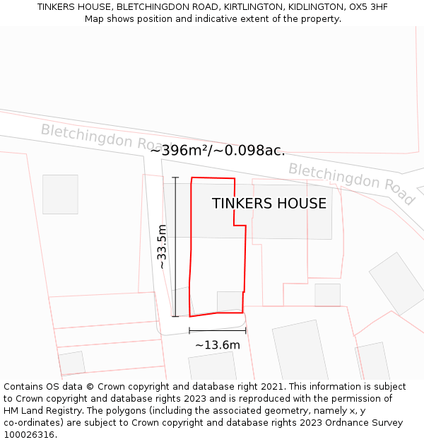 TINKERS HOUSE, BLETCHINGDON ROAD, KIRTLINGTON, KIDLINGTON, OX5 3HF: Plot and title map