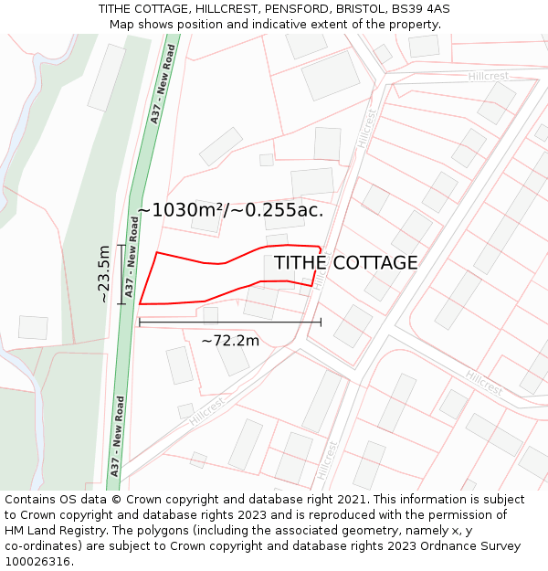 TITHE COTTAGE, HILLCREST, PENSFORD, BRISTOL, BS39 4AS: Plot and title map