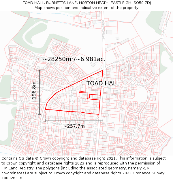 TOAD HALL, BURNETTS LANE, HORTON HEATH, EASTLEIGH, SO50 7DJ: Plot and title map