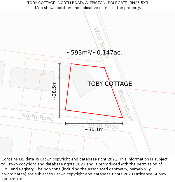 TOBY COTTAGE, NORTH ROAD, ALFRISTON, POLEGATE, BN26 5XB: Plot and title map