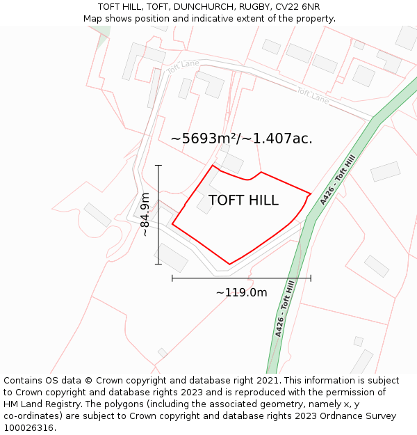 TOFT HILL, TOFT, DUNCHURCH, RUGBY, CV22 6NR: Plot and title map