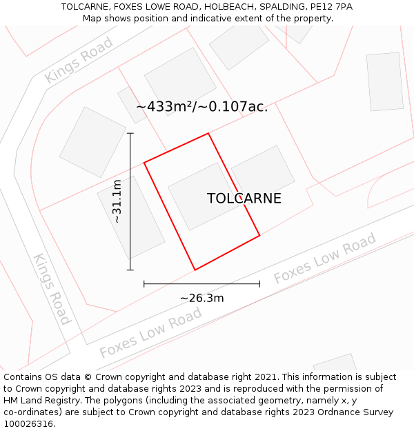 TOLCARNE, FOXES LOWE ROAD, HOLBEACH, SPALDING, PE12 7PA: Plot and title map