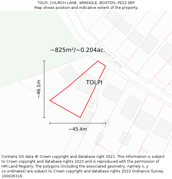 TOLPI, CHURCH LANE, WRANGLE, BOSTON, PE22 9EP: Plot and title map