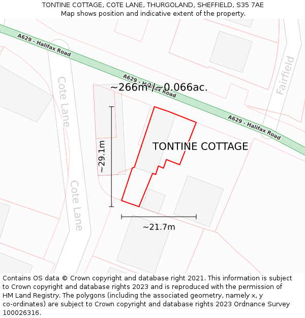TONTINE COTTAGE, COTE LANE, THURGOLAND, SHEFFIELD, S35 7AE: Plot and title map