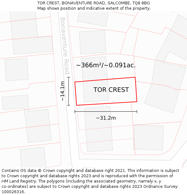 TOR CREST, BONAVENTURE ROAD, SALCOMBE, TQ8 8BG: Plot and title map