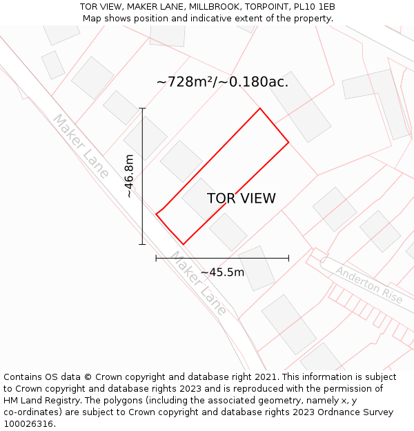 TOR VIEW, MAKER LANE, MILLBROOK, TORPOINT, PL10 1EB: Plot and title map