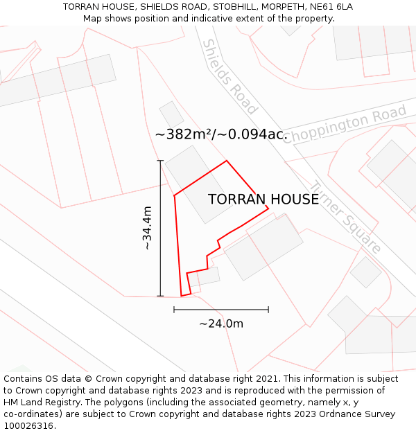 TORRAN HOUSE, SHIELDS ROAD, STOBHILL, MORPETH, NE61 6LA: Plot and title map