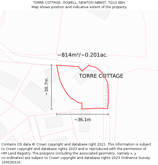 TORRE COTTAGE, OGWELL, NEWTON ABBOT, TQ12 6BH: Plot and title map