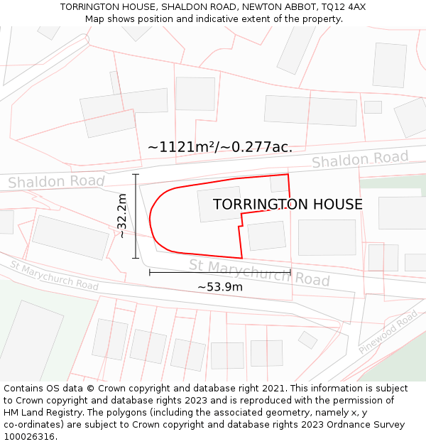 TORRINGTON HOUSE, SHALDON ROAD, NEWTON ABBOT, TQ12 4AX: Plot and title map