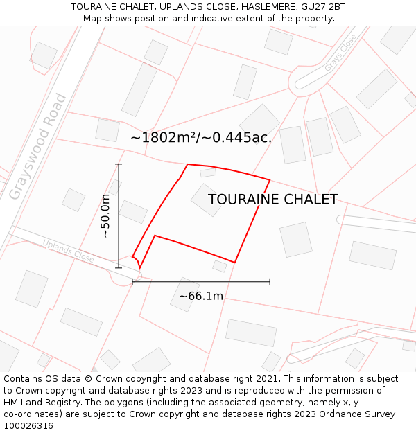 TOURAINE CHALET, UPLANDS CLOSE, HASLEMERE, GU27 2BT: Plot and title map