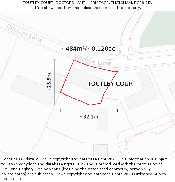 TOUTLEY COURT, DOCTORS LANE, HERMITAGE, THATCHAM, RG18 9TA: Plot and title map