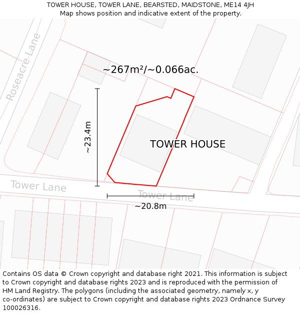 TOWER HOUSE, TOWER LANE, BEARSTED, MAIDSTONE, ME14 4JH: Plot and title map