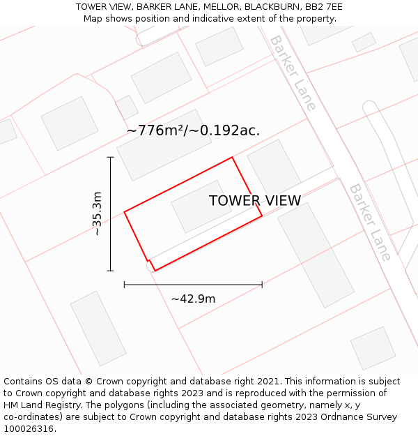 TOWER VIEW, BARKER LANE, MELLOR, BLACKBURN, BB2 7EE: Plot and title map