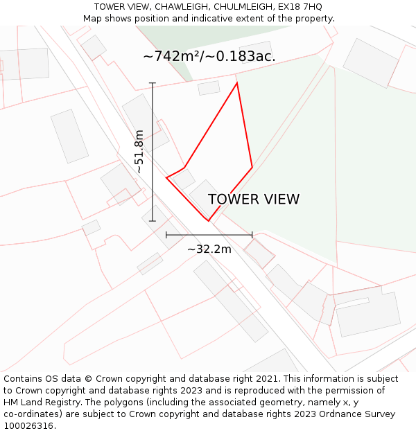 TOWER VIEW, CHAWLEIGH, CHULMLEIGH, EX18 7HQ: Plot and title map
