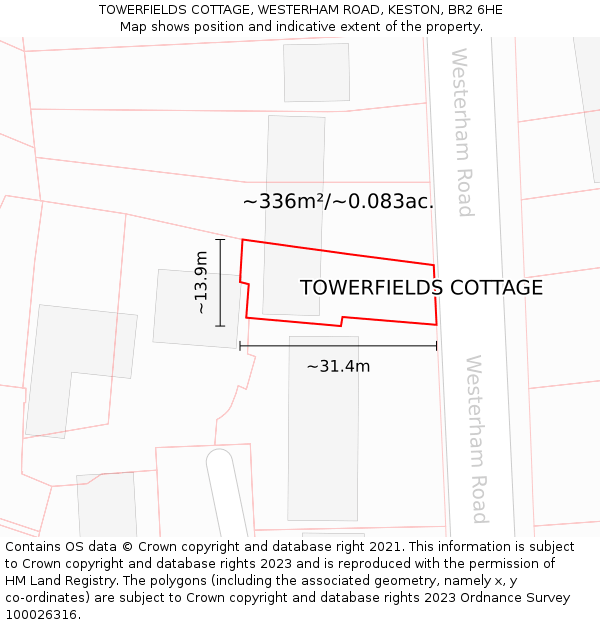 TOWERFIELDS COTTAGE, WESTERHAM ROAD, KESTON, BR2 6HE: Plot and title map