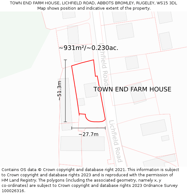 TOWN END FARM HOUSE, LICHFIELD ROAD, ABBOTS BROMLEY, RUGELEY, WS15 3DL: Plot and title map