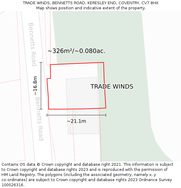 TRADE WINDS, BENNETTS ROAD, KERESLEY END, COVENTRY, CV7 8HX: Plot and title map