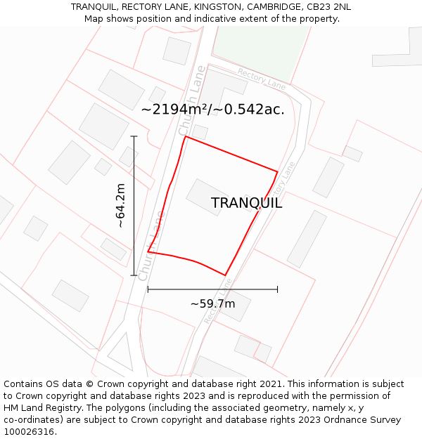 TRANQUIL, RECTORY LANE, KINGSTON, CAMBRIDGE, CB23 2NL: Plot and title map