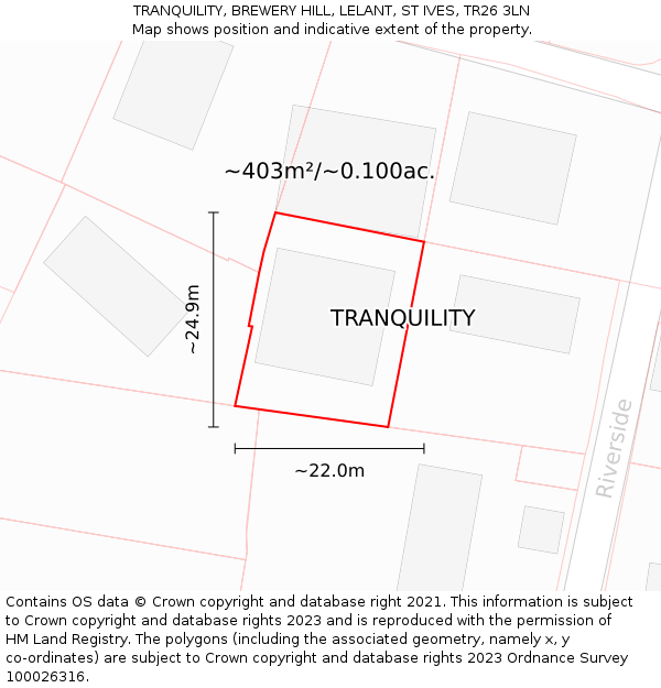 TRANQUILITY, BREWERY HILL, LELANT, ST IVES, TR26 3LN: Plot and title map