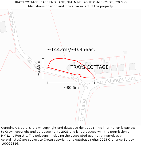 TRAYS COTTAGE, CARR END LANE, STALMINE, POULTON-LE-FYLDE, FY6 0LQ: Plot and title map