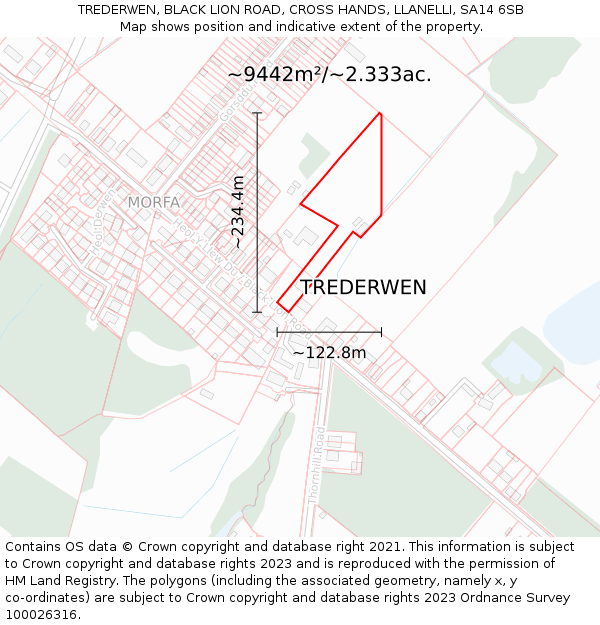TREDERWEN, BLACK LION ROAD, CROSS HANDS, LLANELLI, SA14 6SB: Plot and title map